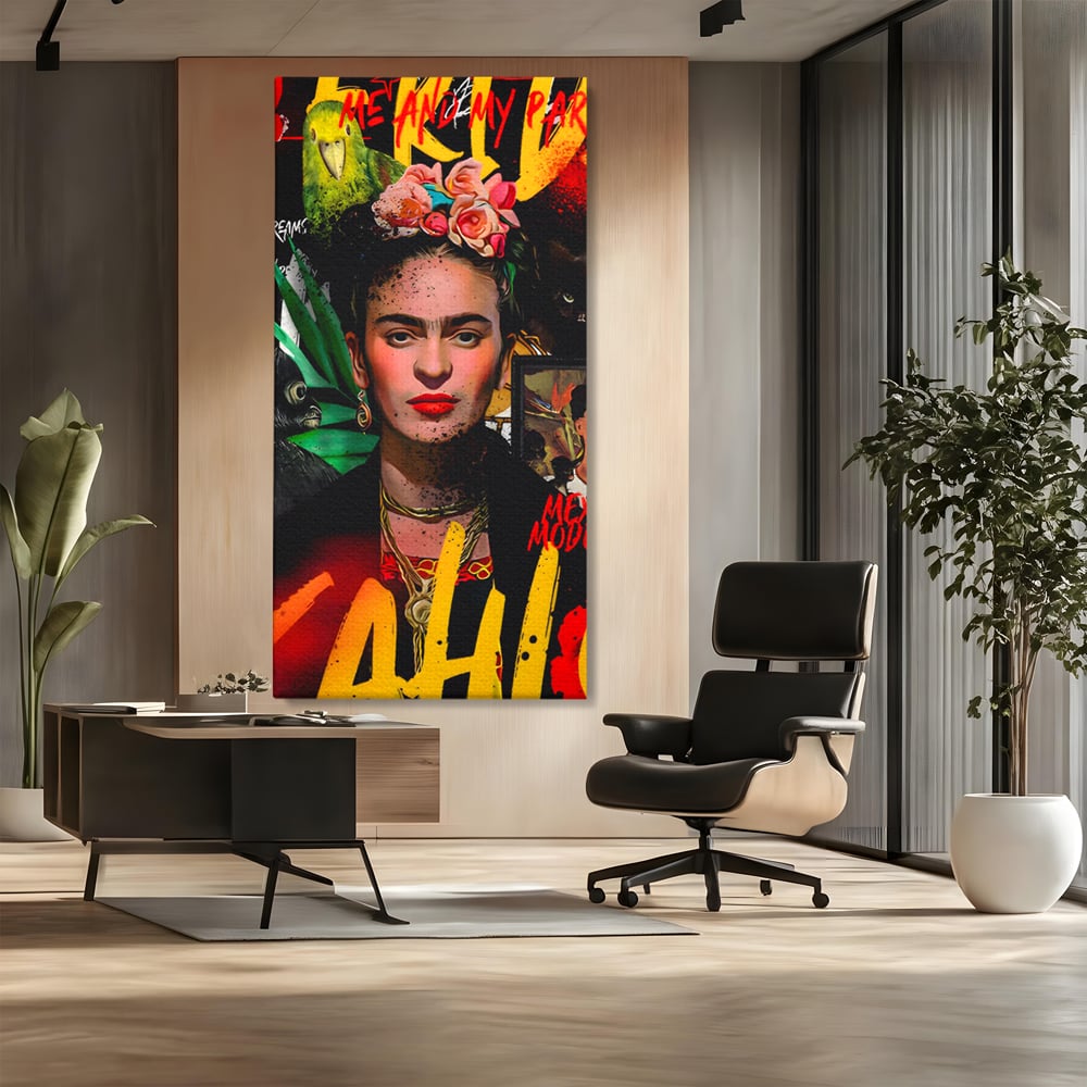 Tablou canvas cu tablou canvas portret frida kahlo, fara rama, pe sasiu de lemn, pe perete intr-un birou